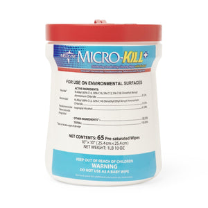 Micro-Kill+ Wipes with Alcohol, 10" x 10", 65 Count. 12/cs
